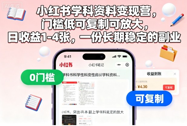 小红书学科资料变现营，门槛低可复制可放大，日收益1-4张，一份长期稳定的副业-钱途社