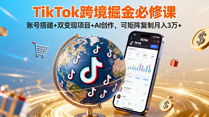 TikTo跨境掘金必修课，账号搭建+双变现项目+AI创作，可矩阵复制月入3万+-钱途社