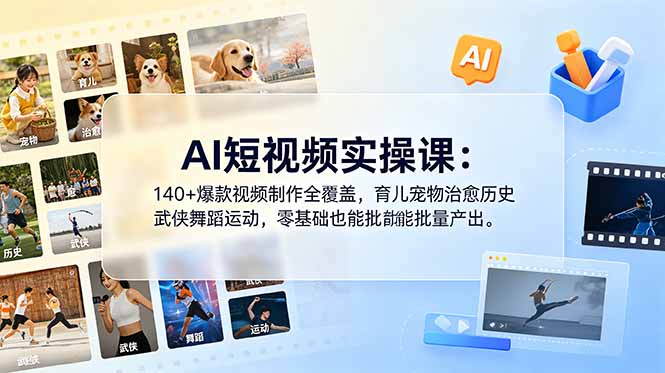 AI短视频实操课:140+爆款视频制作全覆盖,育儿宠物治愈历史武侠舞蹈运动,零基础也能批量产出-钱途社