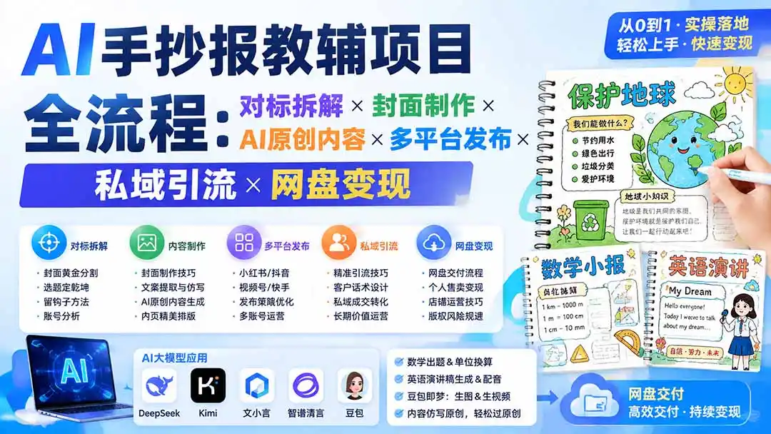 AI手抄报教辅项目全流程：对标拆解×封面制作×AI原创内容×多平台发布×私域引流×网盘变现-钱途社