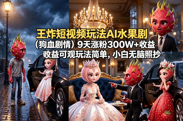 王炸短视频玩法AI水果剧(狗血剧情)9天涨粉300W+收益可观玩法简单，小白无脑照抄，详细拆解玩法-钱途社