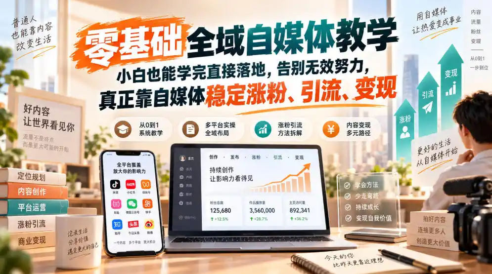 零基础全域自媒体教学，小白也能学完直接落地，告别无效努力，真正靠自媒体稳定涨粉、引流、变现-钱途社