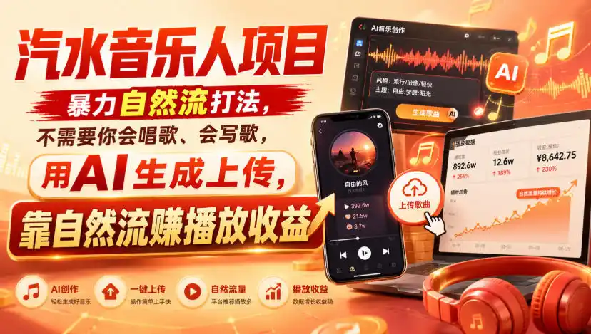 汽水音乐人项目，暴力自然流打法，不需要你会唱歌、会写歌，用AI生成上传，靠自然流賺播放收益-钱途社