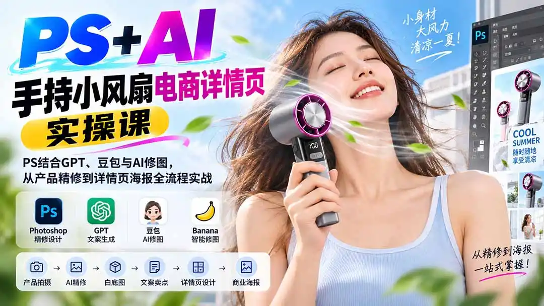 PS+AI手持小风扇电商详情页实操课：PS结合GPT、豆包与AI修图，从产品精修到详情页海报全流程实战-钱途社