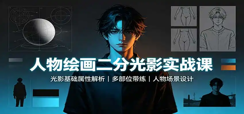 人物绘画二分光影实战课：光影基础属性解析，多部位带练，人物场景设计-钱途社