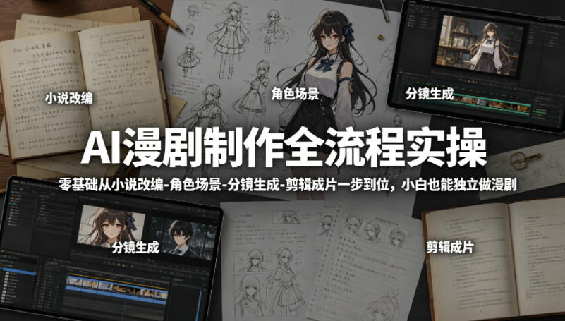 AI漫剧制作全流程实操，零基础从小说改编-角色场景-分镜生成-剪辑成片一步到位，小白也能独立做漫剧-钱途社