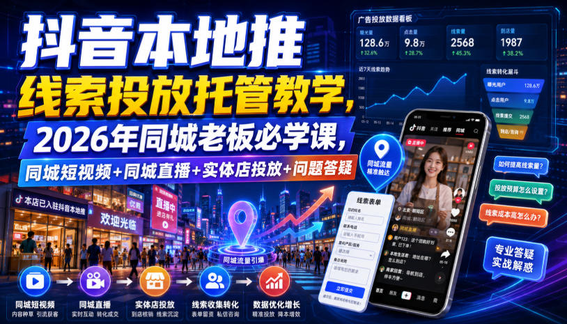 抖音本地推线索投放托管教学，2026年同城老板必学课，同城短视频+同城直播+实体店投放+问题答疑-钱途社
