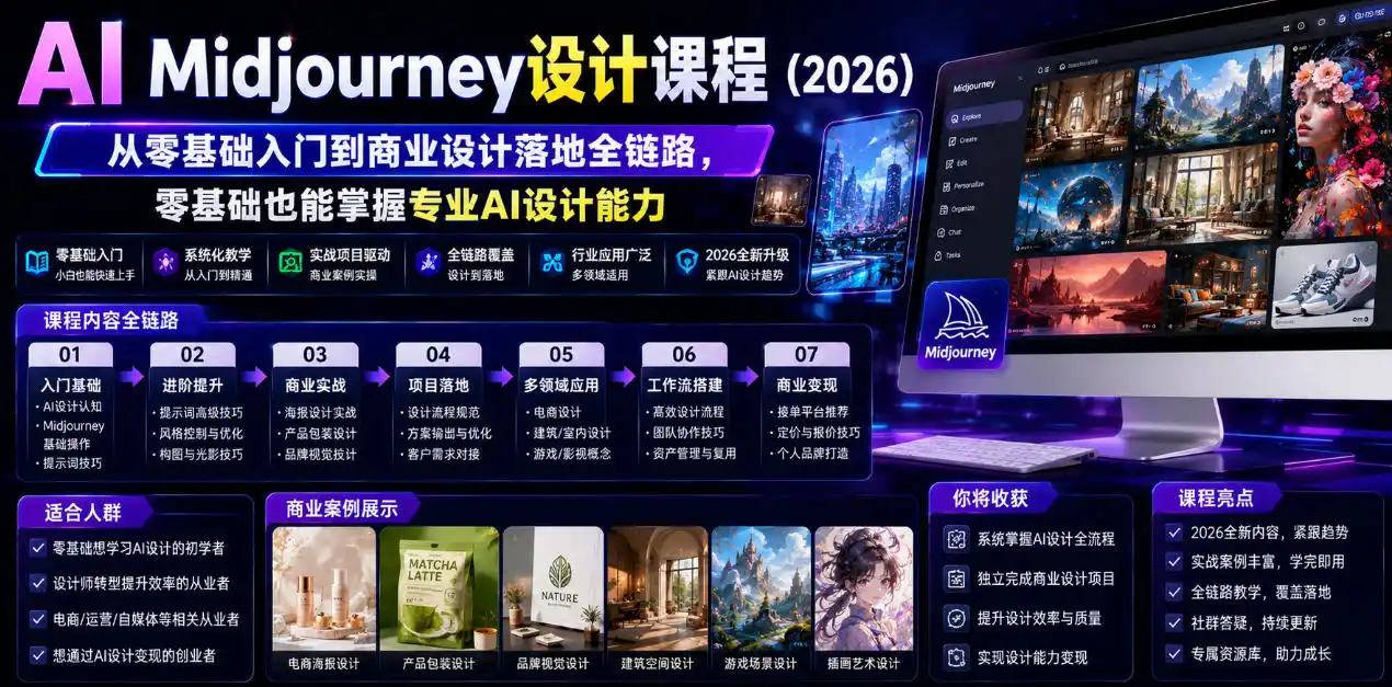 AI Midjourney设计课程(2026)，从零基础入门到商业设计落地全链路，零基础也能掌握专业AI设计能力(更新0913)-钱途社