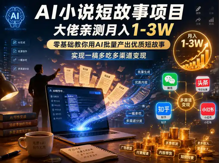 AI小说短故事项目，大佬亲测月入1-3W，零基础教你用AI批量产出优质短故事，实现一稿多吃多渠道变现(更新0824)-钱途社