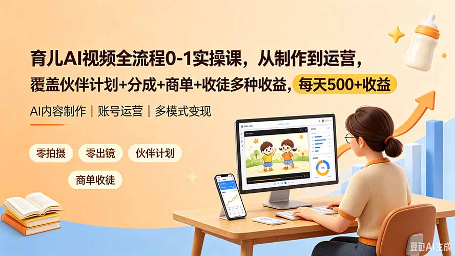 育儿AI视频全流程0-1实操课，从制作到运营，覆盖伙伴计划+分成+商单+收徒多种收益，每天500+收益-钱途社