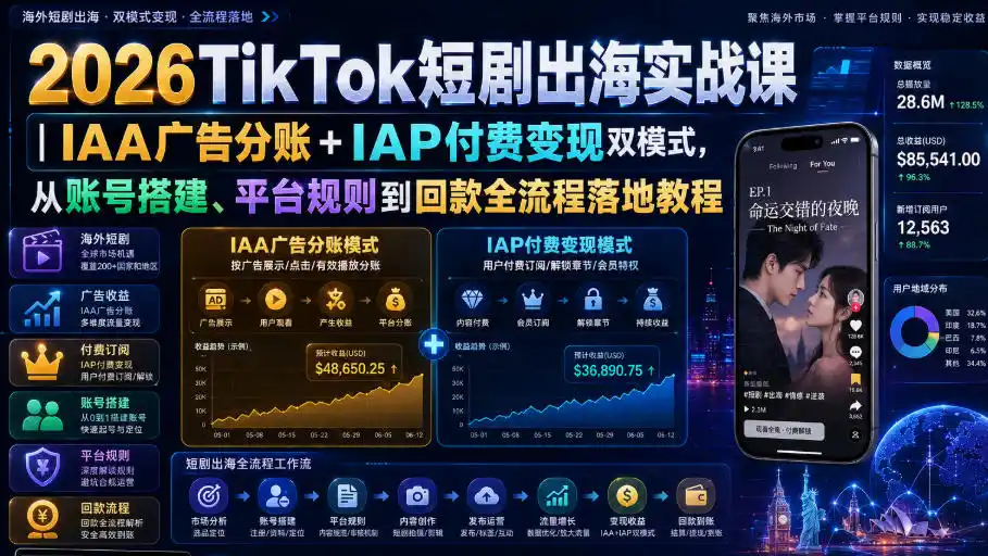 2026TikTok短剧出海实战课｜IAA广告分账+IAP付费变现双模式，从账号搭建、平台规则到回款全流程落地教程-钱途社