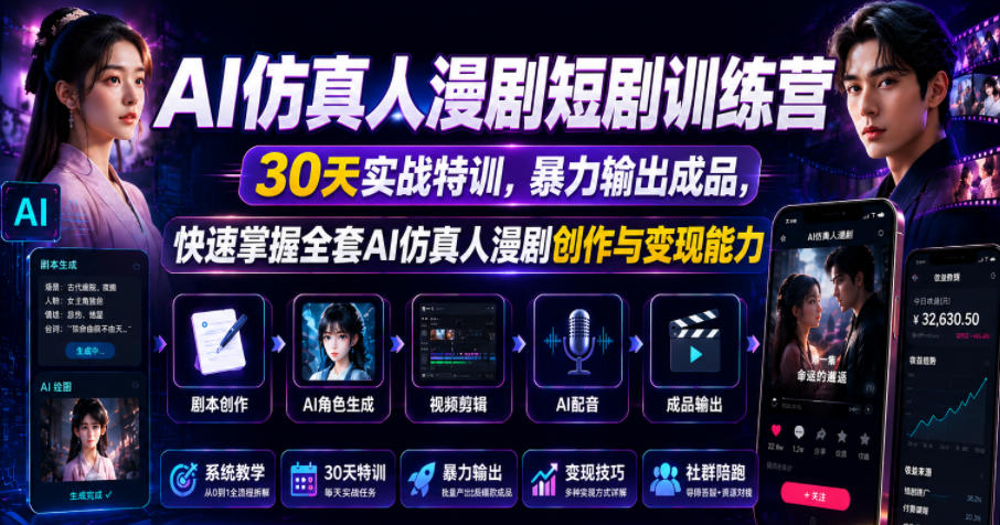 AI仿真人漫剧短剧训练营，30天实战特训，暴力输出成品，快速掌握全套AI仿真人漫剧创作与变现能力-钱途社