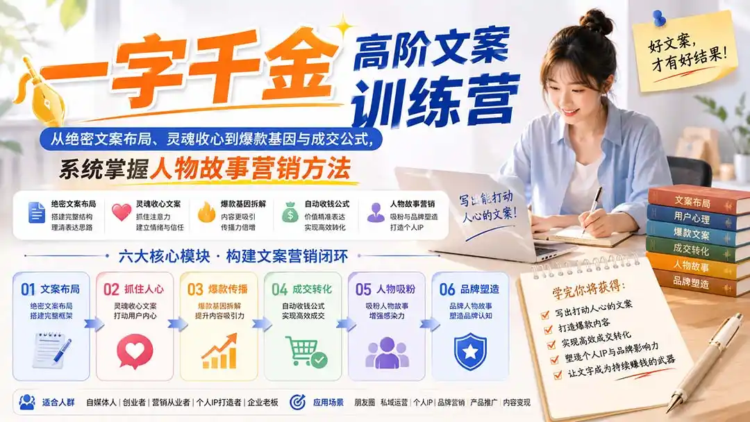 一字千金高阶文案训练营：从绝密文案布局、灵魂收心到爆款基因与成交公式，系统掌握人物故事营销方法-钱途社