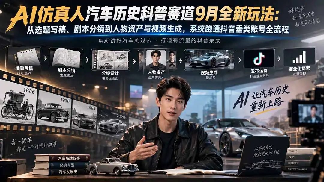 AI仿真人汽车历史科普赛道9月全新玩法：从选题写稿、剧本分镜到人物资产与视频生成，系统跑通抖音垂类账号全流程-钱途社