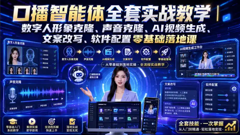 口播智能体全套实战教学｜数字人形象克隆、声音克隆、AI视频生成、文案改写、软件配置零基础落地课-钱途社