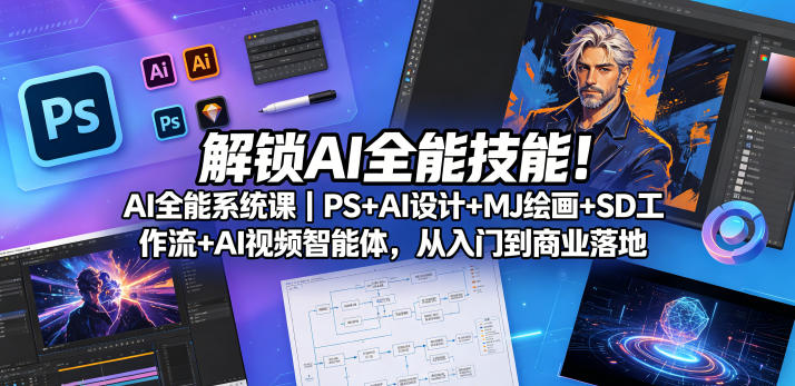 解锁AI全能技能！AI全能系统课｜PS+AI设计+MJ绘画+SD工作流+AI视频智能体，从入门到商业落地-钱途社