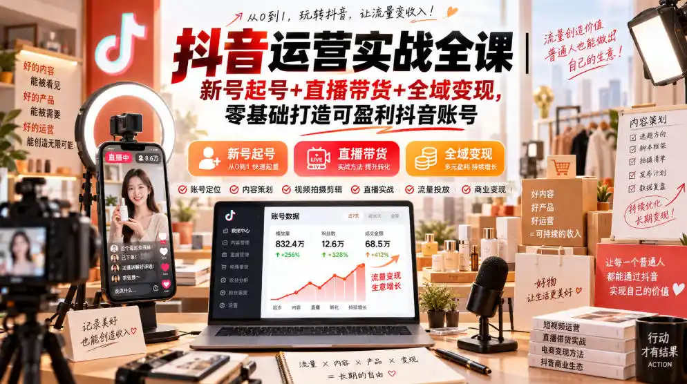 抖音运营实战全课｜新号起号+直播带货+全域变现，零基础打造可盈利抖音账号-钱途社