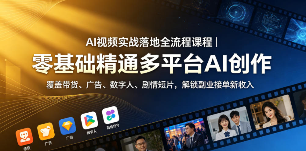 AI视频实战落地全流程课程|零基础精通多平台AI创作,覆盖带货、广告、数字人、剧情短片,解锁副业接单新收入-钱途社