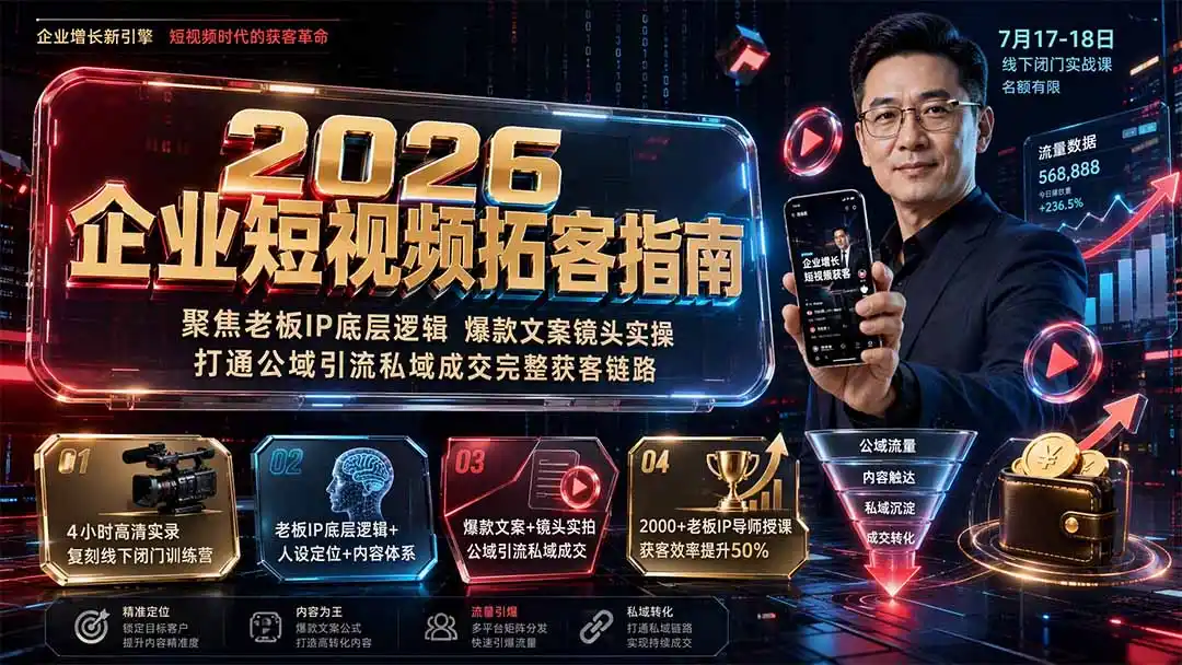 2026企业短视频拓客指南：聚焦老板IP底层逻辑，爆款文案镜头实操，打通公域引流私域成交完整获客链路-钱途社