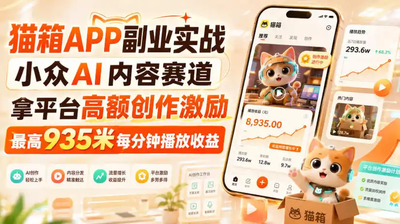 猫箱APP副业实战，小众AI内容赛道，拿平台高额创作激励，最高935米每分钟播放收益-钱途社