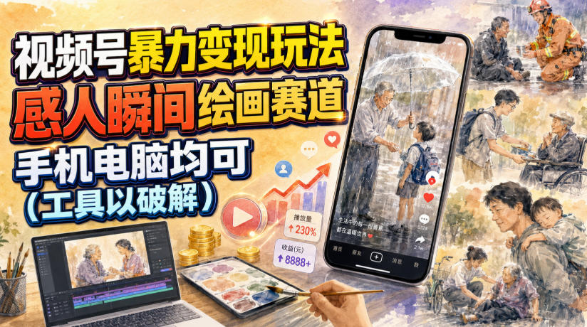 视频号暴力变现玩法，感人瞬间绘画赛道，手机电脑均可-钱途社