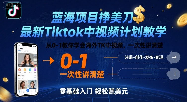 蓝海项目挣美刀，最新Tiktok中视频计划教学，从0-1教你学会海外TK中视频，一次性讲清楚-钱途社