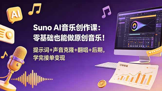 （18945期） Suno AI音乐创作课：零基础也能做原创音乐！提示词+声音克隆+翻唱+后期，学完接单变现-钱途社