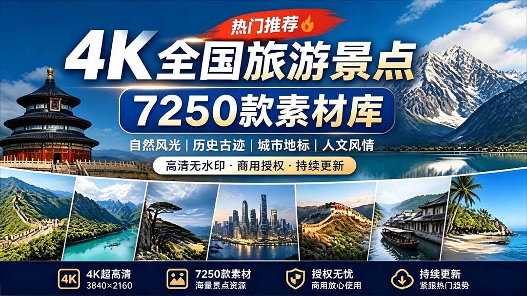 （19309期）热门全国旅游风景素材！4K全国旅游景点素材库，7250款素材，旅行达人城市航拍风景风光高清短视频-钱途社