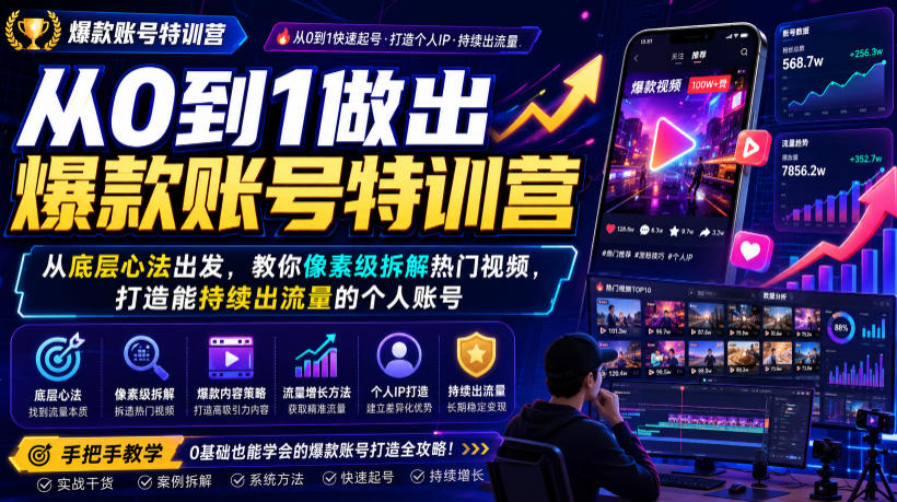 从0到1做出爆款账号特训营，从底层心法出发，教你像素级拆解热门视频，打造能持续出流量的个人账号-钱途社