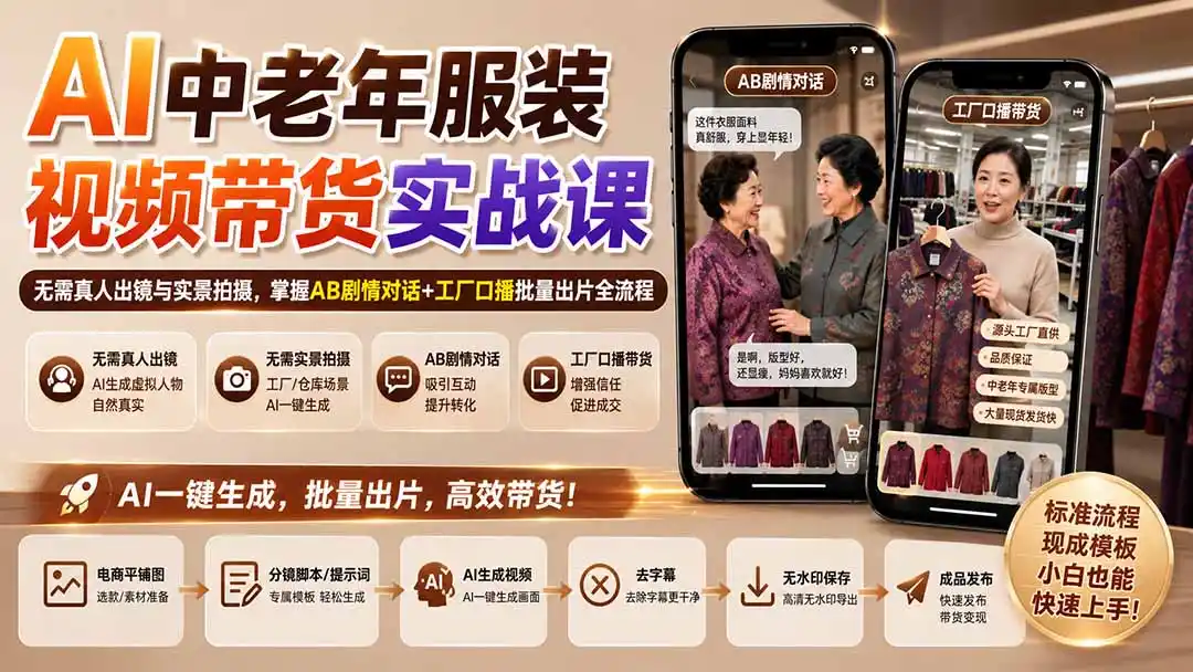 AI中老年服装视频带货实战课：无需真人出镜与实景拍摄，掌握AB剧情对话+工厂口播批量出片全流程-钱途社