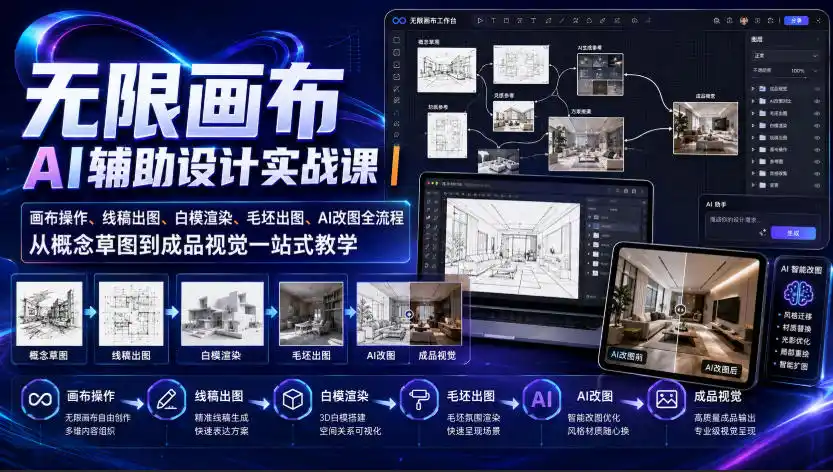 无限画布AI辅助设计实战课｜画布操作、线稿出图、白模渲染、毛坯出图、AI改图全流程，从概念草图到成品视觉一站式教学-钱途社