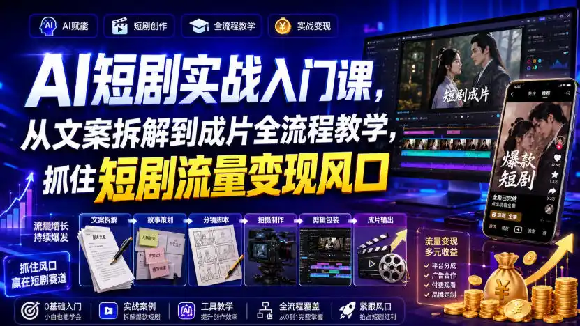 AI短剧实战入门课，从文案拆解到成片全流程教学，抓住短剧流量变现风口-钱途社