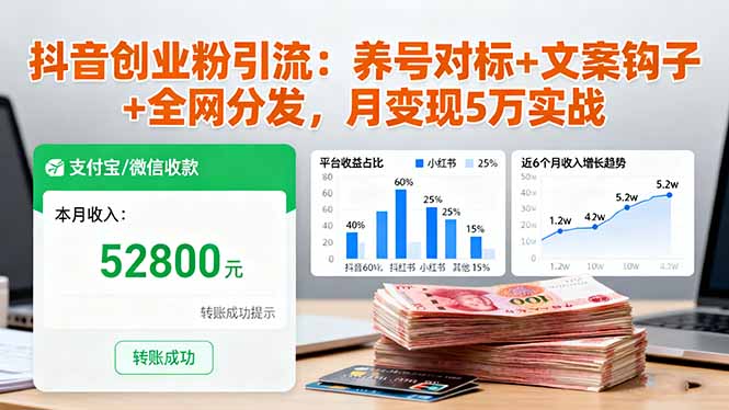 抖音创业粉引流:养号对标+文案钩子+全网分发,月变现5万实战-钱途社