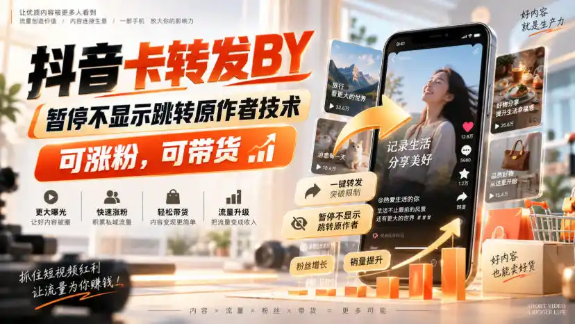 抖音卡转发搬运，暂停不显示跳转原作者技术，可涨粉，可带货-钱途社