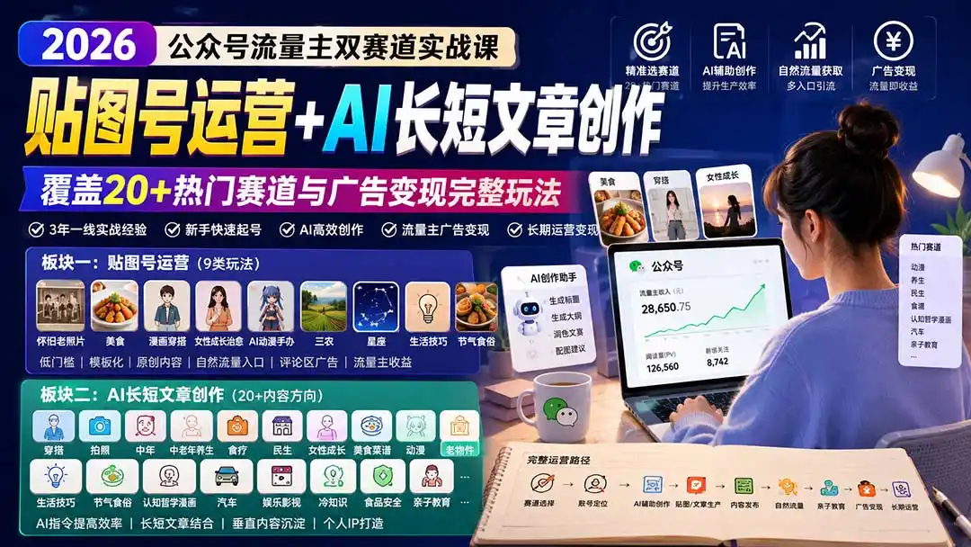 公众号流量主双赛道实战课：贴图号运营+AI长短文章创作，覆盖20+热门赛道与广告变现完整玩法-钱途社