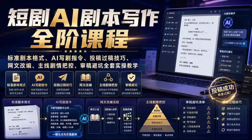 短剧AI剧本写作全阶课程｜标准剧本格式、AI写剧指令、投稿过稿技巧、网文改编、主线剧情把控、审稿避坑全套实操教学-钱途社
