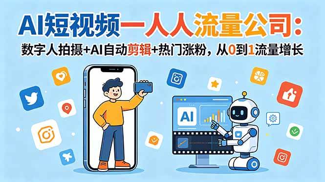 （18864期）AI短视频一人流量公司：数字人拍摄+AI自动剪辑+热门涨粉，从0到1流量增长-钱途社