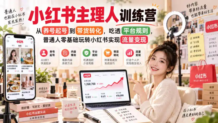 小红书主理人训练营，从养号起号到带货转化，吃透平台规则，普通人零基础玩转小红书实现流量变现-钱途社