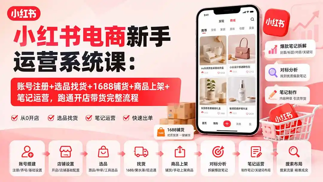 小红书电商新手运营系统课：账号注册+选品找货+1688铺货+商品上架+笔记运营，跑通开店带货完整流程-钱途社