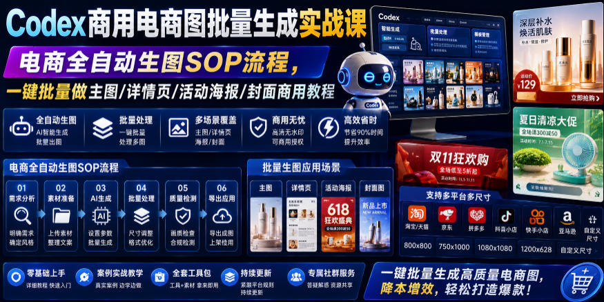 Codex商用电商图批量生成实战课｜电商全自动生图SOP流程，一键批量做主图/详情页/活动海报/封面商用教程-钱途社