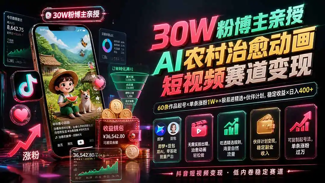 30W粉博主亲授AI农村治愈动画短视频赛道变现：60条作品起号×单条涨粉1W+×极易进精选+伙伴计划，稳定收益×日入400+-钱途社