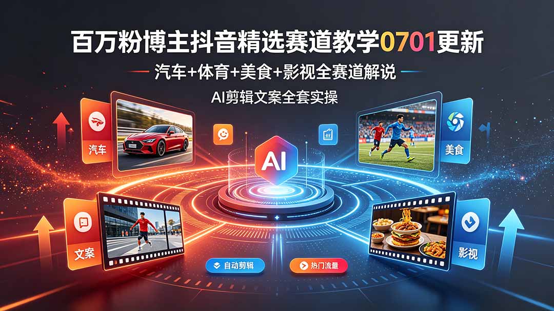 百万粉博主抖音精选赛道教学-0701更新，汽车+体育+美食+影视全赛道解说，AI剪辑文案全套实操-钱途社
