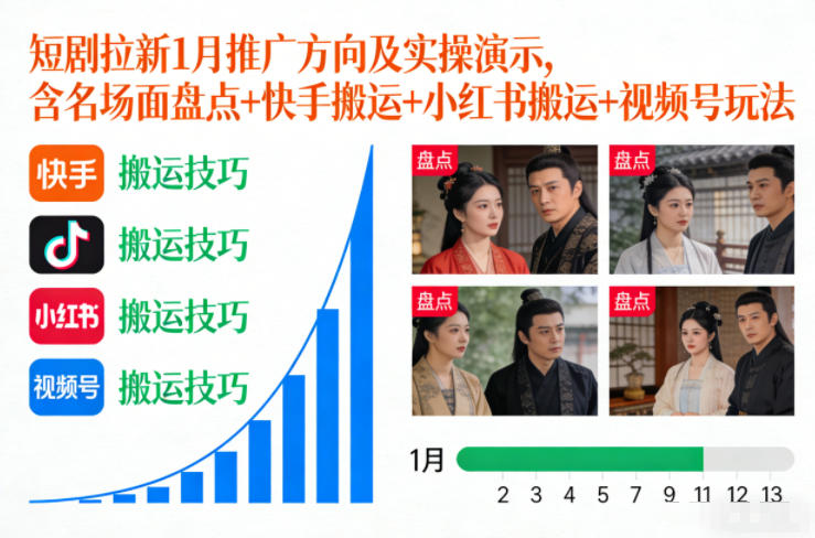 短剧拉新1月推广方向及实操演示,含名场面盘点+快手搬运+小红书搬运+视频号玩法-钱途社