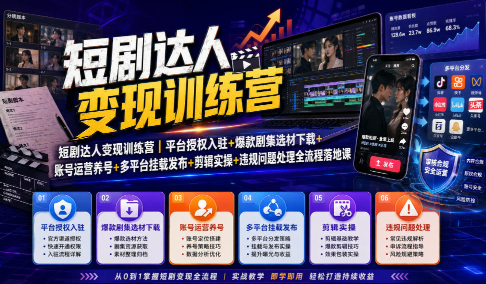 短剧达人变现训练营｜平台授权入驻+爆款剧集选材下载+账号运营养号+多平台挂载发布+剪辑实操+违规问题处理全流程落地课-钱途社