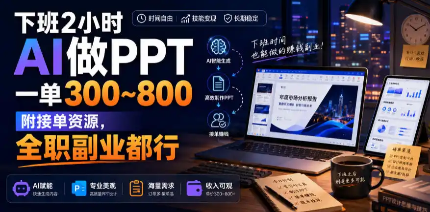 下班2小时AI做PPT，一单300~800，附接单资源，全职副业都行【揭秘】-钱途社
