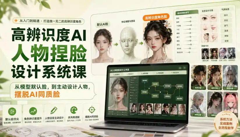 高辨识度AI人物捏脸设计系统课，从模型默认脸，到主动设计人物，摆脱AI同质脸-钱途社