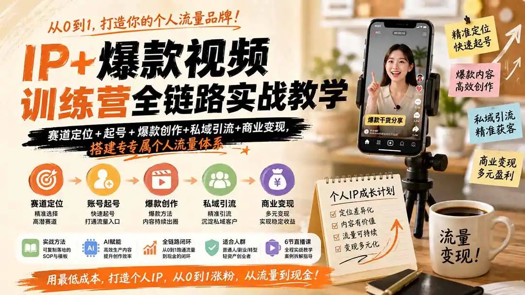 IP+爆款视频训练营全链路实战教学；赛道定位+起号+爆款创作+私域引流+商业变现，搭建专属个人流量体系-钱途社
