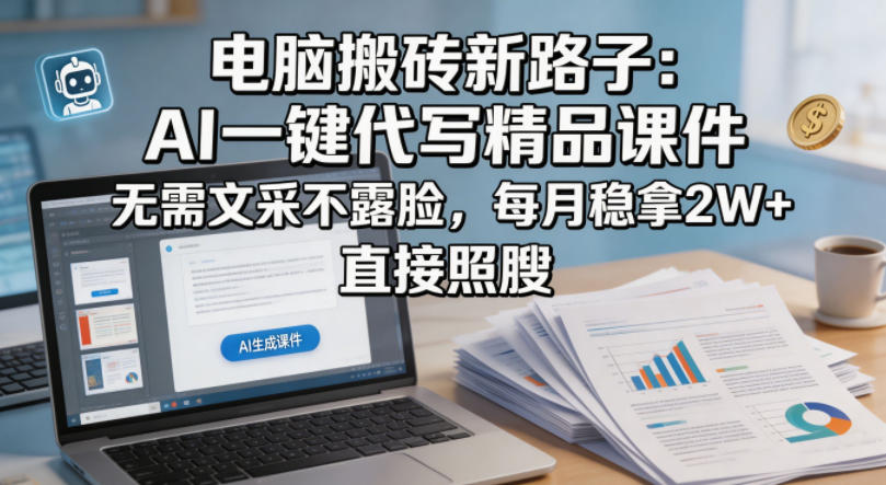 电脑搬砖新路子：AI一键代写精品课件，无需文采不露脸，每月稳拿2W+，直接照搬-钱途社