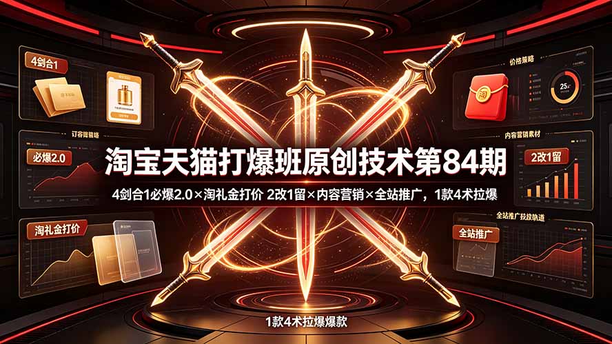 淘宝天猫打爆班原创技术第84期：4剑合1必爆2.0×淘礼金打价×2改1留×内容营销×全站推广，1款4术拉爆-钱途社