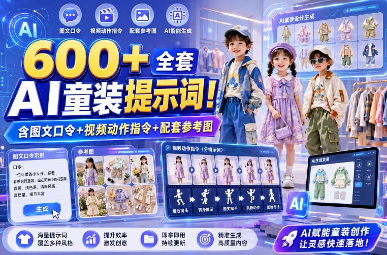600+全套AI童装提示词！含图文口令+视频动作指令+配套参考图，Word-Excel规整分类，童装电商、种草无脑量产内容！-钱途社